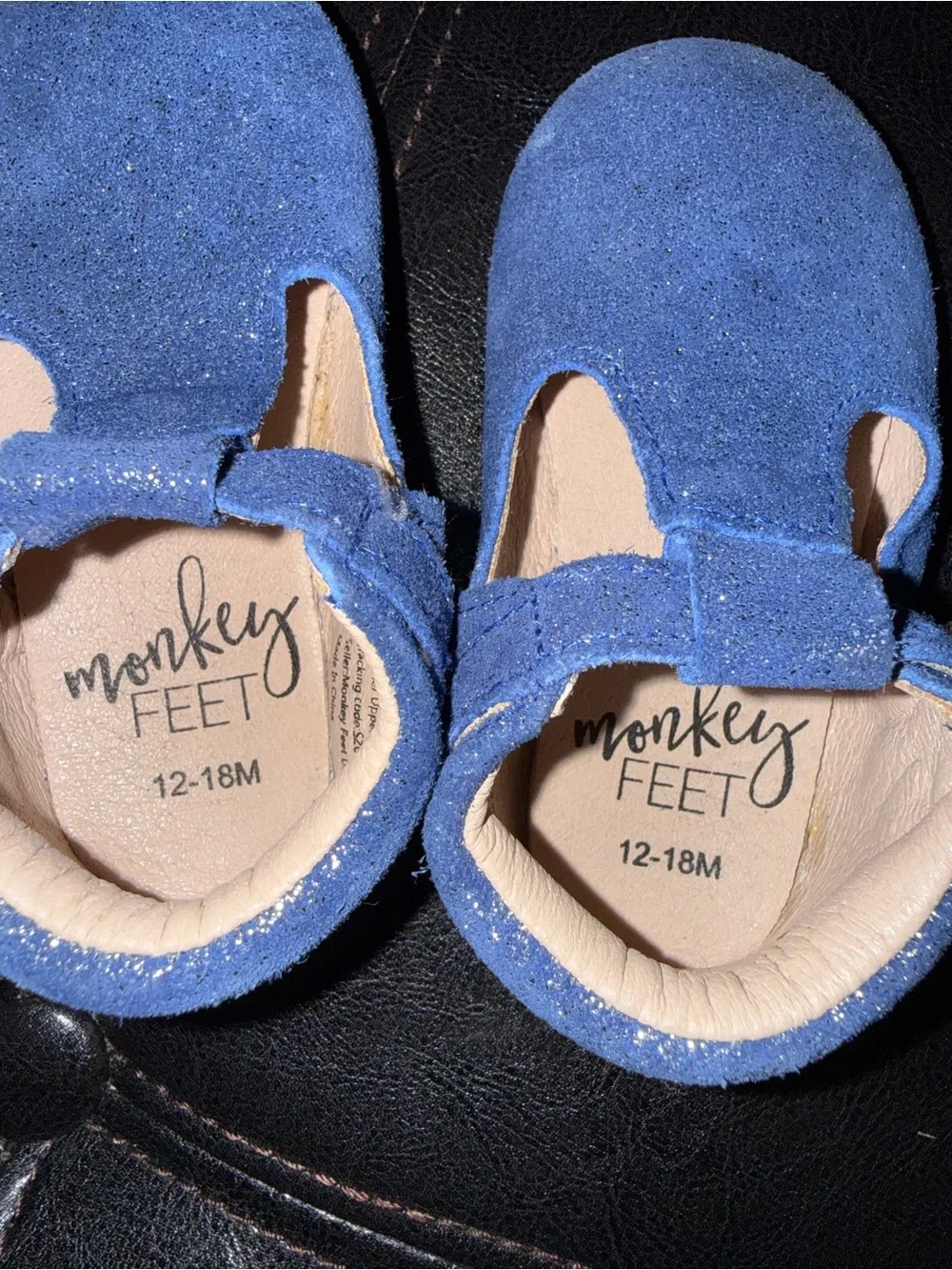 Monkey Feet Blue Glitter T‑Strap Kids Dress Shoes